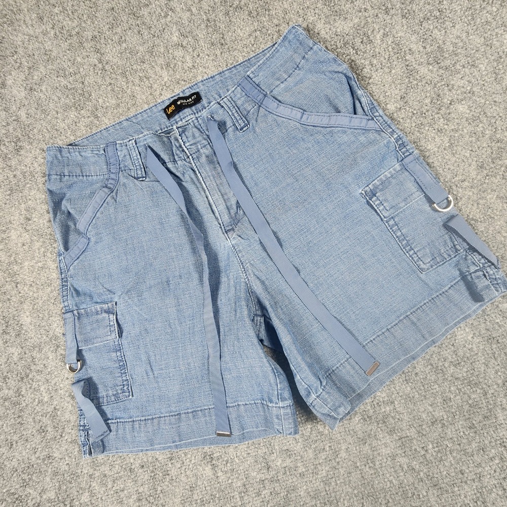 Lee Regular Fit Mid Rise Cargo Shorts Blue Denim Light Wash Utility Size6 Medium